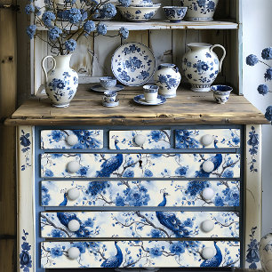 Papier Mousseline Delft Blue Vintage Chinoiserie française Peacock