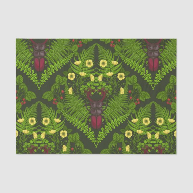 Papier Mousseline Dendroctones et fougères, feuilles verts (Recto)