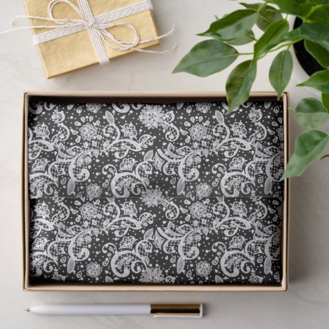 Papier Mousseline Dentelle blanche sur fond noir  (Cadeau)