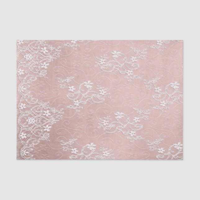 Papier Mousseline Dentelle blanche sur papier de tissus rose (Recto)