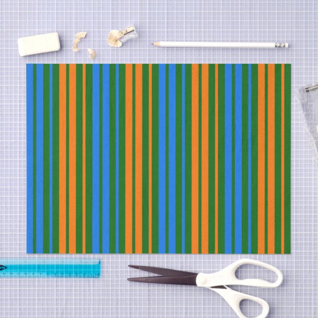 Papier Mousseline Dessin à rayures verticales vert orange bleu   (Artisanat)