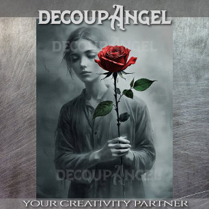 Papier Mousseline Dessin d'une femme avec Rose rouge - Découpage
