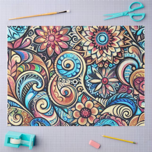 Papier Mousseline Dessin Pastel Design complexe bohème (Artisanat)