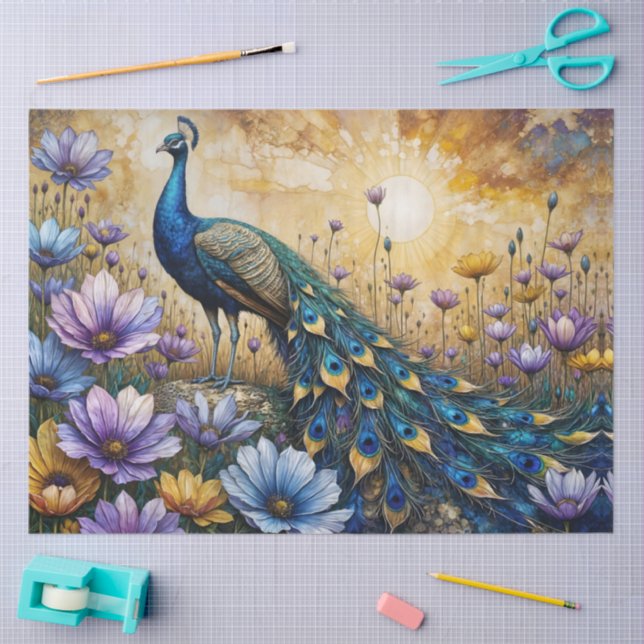 Papier Mousseline Detailed Peacock in Floral Landscape (Artisanat)