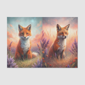 Papier Mousseline Deux beaux portraits de renard avec des fleurs vio