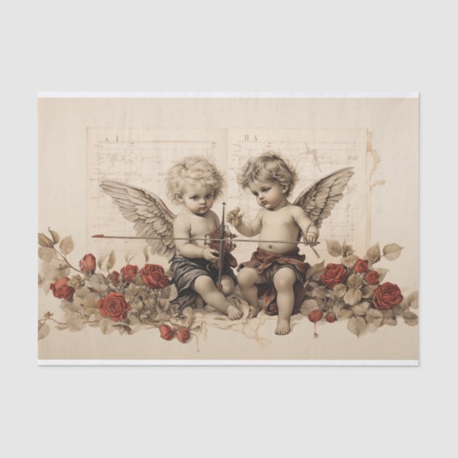 Papier Mousseline Deux Cherubs assis parmi les Roses (Recto)