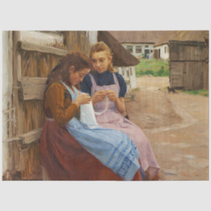 Papier Mousseline Deux Filles avec Needlework assis dans une ferme