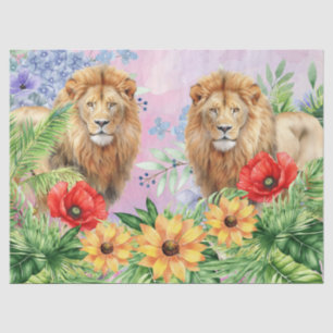 Papier Mousseline Deux Lions Floral Imaginaire Jungle Découpage