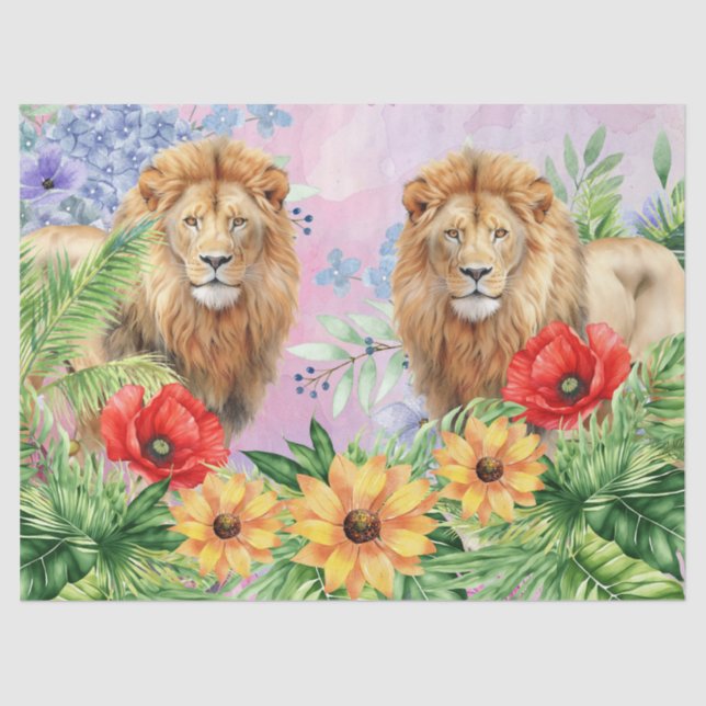Papier Mousseline Deux Lions Floral Imaginaire Jungle Découpage (Recto)