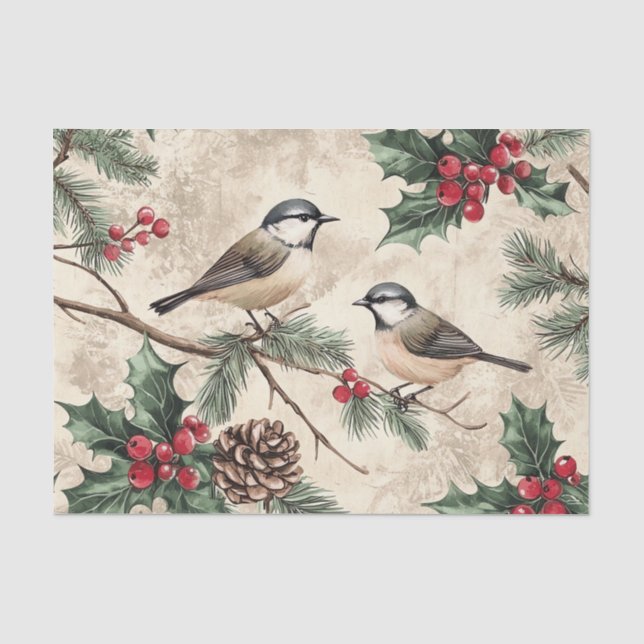 Papier Mousseline Deux oiseaux sur des branches avec des baies de ho (Recto)
