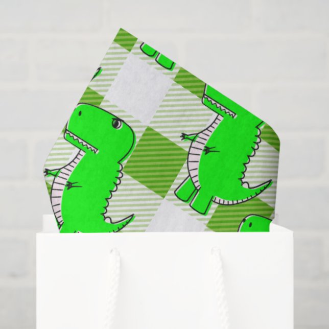 Papier Mousseline Dino Tartan vert et blanc Plaid Motif (Sac cadeau)