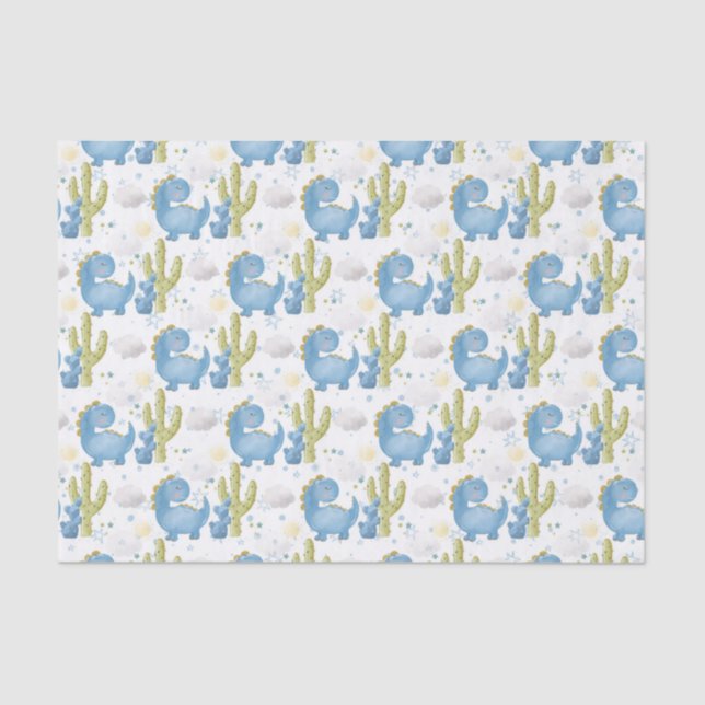PAPIER MOUSSELINE DINOSAURES BLEU ADORABLES & CACTUS VERT (Recto)
