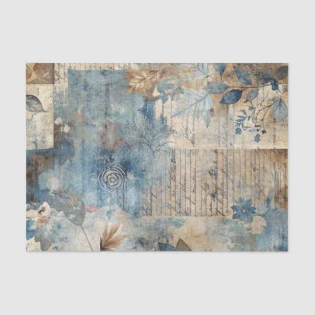 Papier Mousseline Distressed Ephemera Collage in Blue and Beige (Recto)
