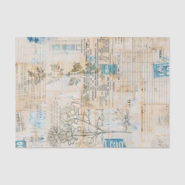 Papier Mousseline Distressed Ephemera Collage with Blue Highlights (Recto)