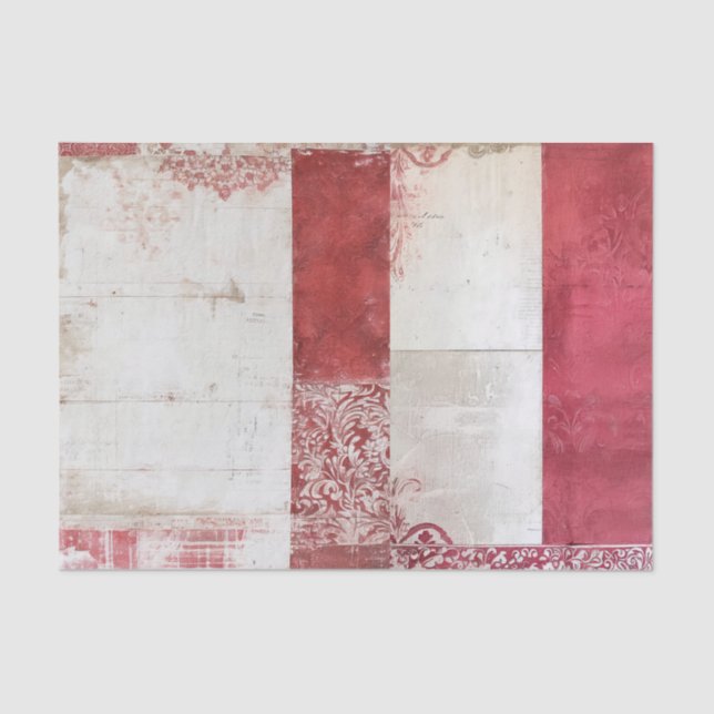 Papier Mousseline Distressed Red and White Damask Collage (Recto)