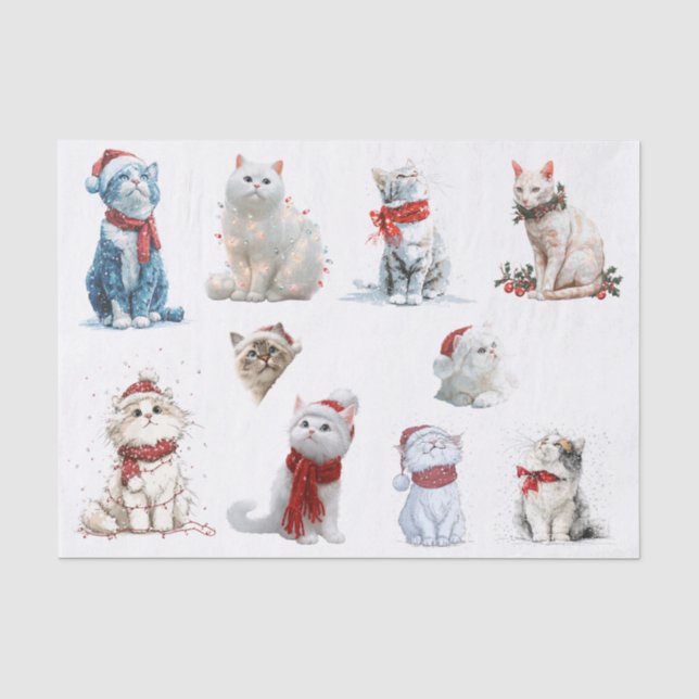 Papier Mousseline Dix chats de Noël sur fond blanc (Recto)