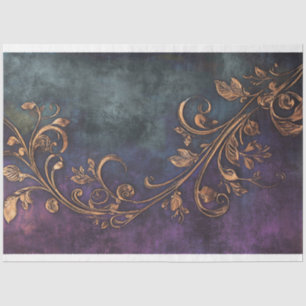 Papier Mousseline Doré or Nouveau, & violet foncé & patine bleue