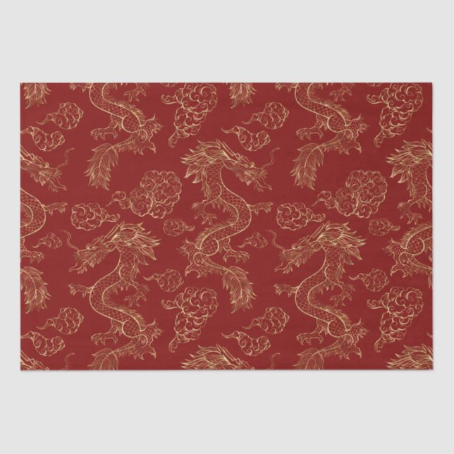 Papier Mousseline Dragon chinois or et rouge foncé (Recto)