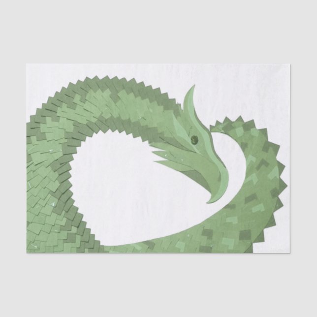 Papier Mousseline Dragon de coeur vert olive blanc (Recto)