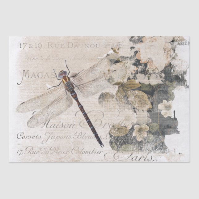 Papier Mousseline Dragonfly French Script Shabby Floral Decoupage (Recto)