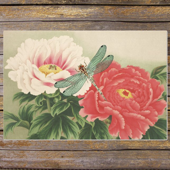 Papier Mousseline Dragonfly on Vintage Botanical Japanese Peonies (Créateur téléchargé)