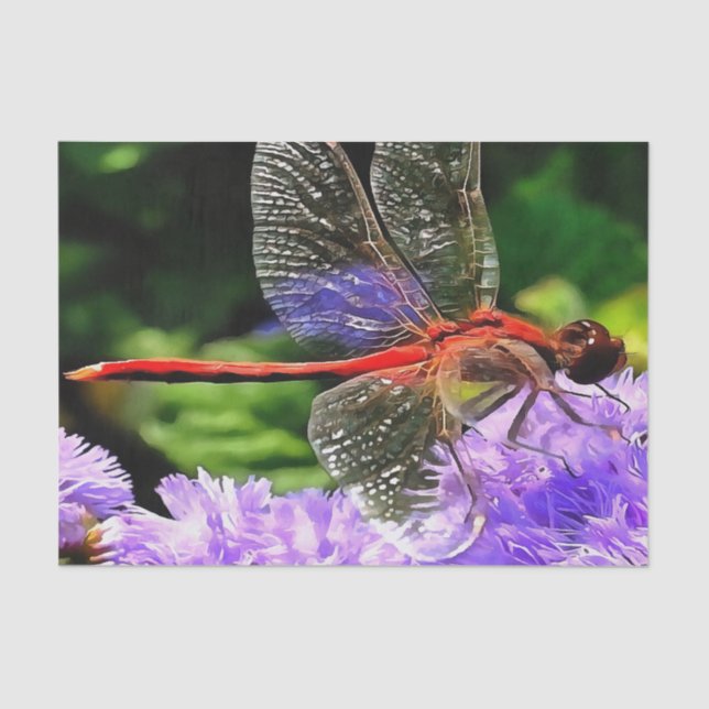 Papier Mousseline Dragonfly rouge sur Violet Violet Fleurs (Recto)