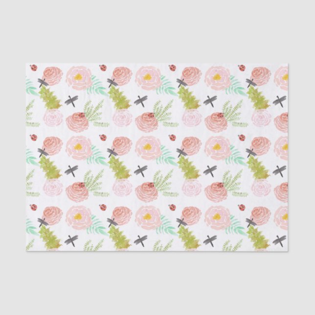 Papier Mousseline Dragonlies Jardin d'aquarelle Rose (Recto)