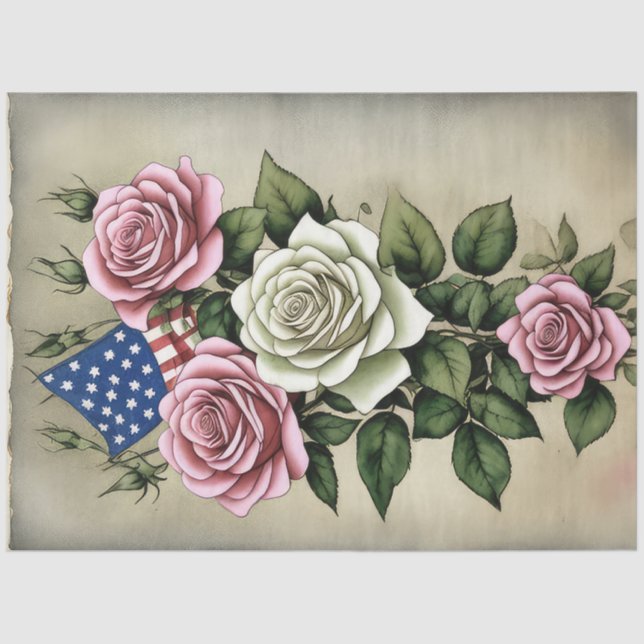 Papier Mousseline Drapeau Et Roses De 4 juillet'Indépendance América (Recto)