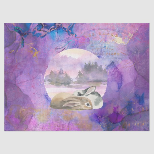 Papier Mousseline Dream Purple and Gold Bunnies Collage Découpage (Recto)