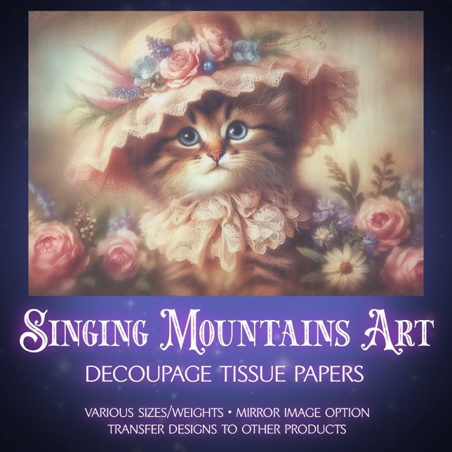 Papier Mousseline Dreamy Victorian Cat in Floral Hat Decoupage (Créateur téléchargé)
