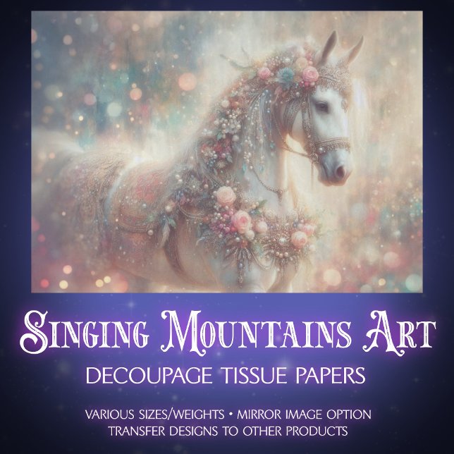 Papier Mousseline Dreamy White Horse With Floral Accents Decoupage (Créateur téléchargé)