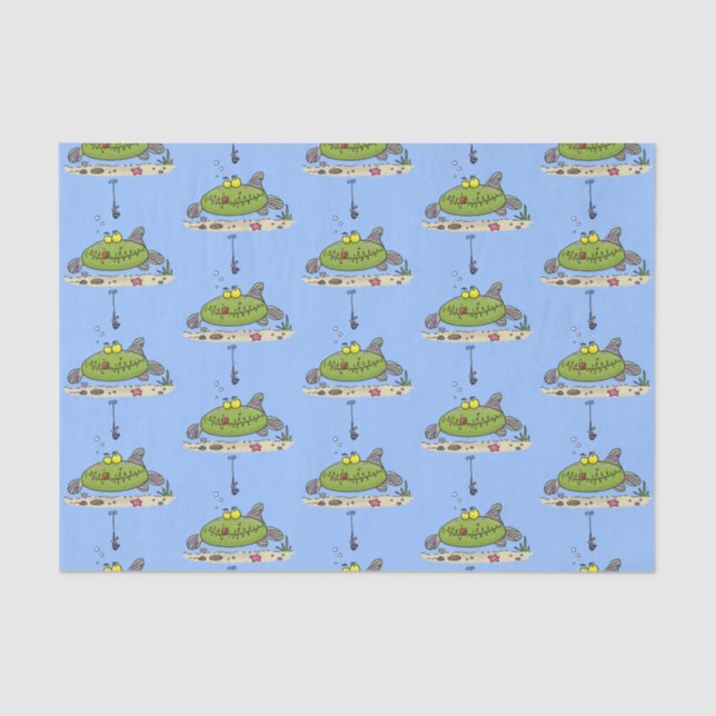 Papier Mousseline Drôle gras affamé poisson vert dessin de pêche (Recto)