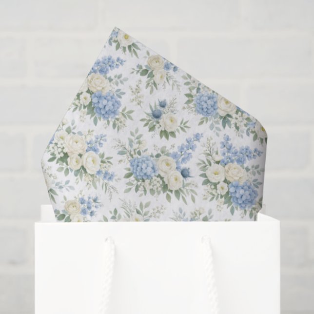 Papier Mousseline Dusty Blue Cream Florals Wedding Bridal Shower (Sac cadeau)