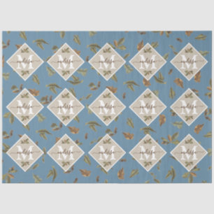 Papier Mousseline Dusty Blue Rustic Feuilles Brown Monogramme