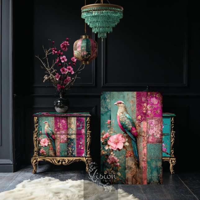 Papier Mousseline Dynastie de rêve, Collage patchwork d'oiseaux et d (Dream Dynasty, Bird & Floral, Chinoiserie, Patchwork Collage Decoupage Tissue Paper.)