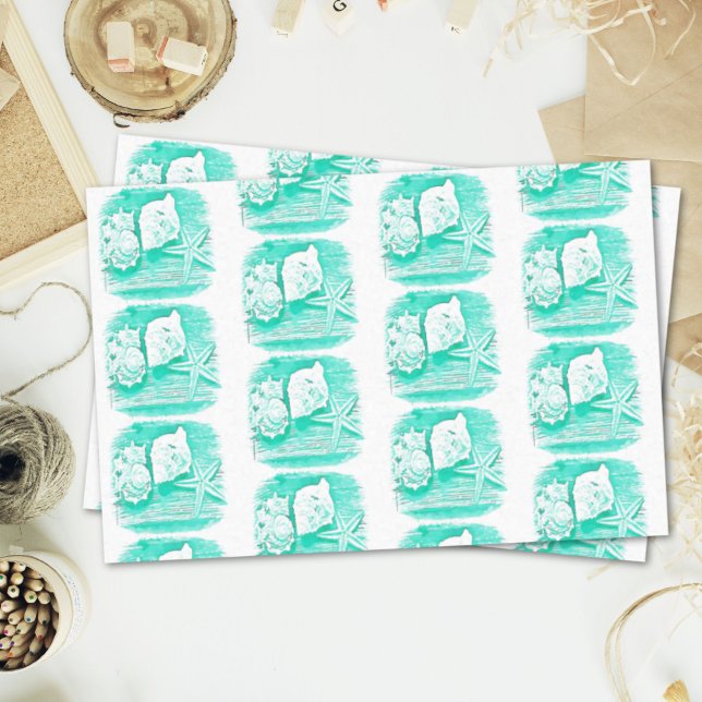 Papier Mousseline eau de la plage côtière coquillage turquoise étoil (coastal beach watercolor teal seashell starfish tissue paper)