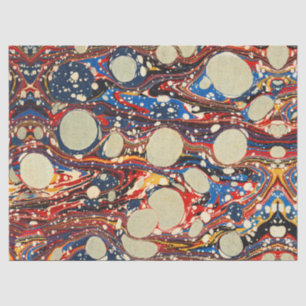 PAPIER MOUSSELINE EAUX ABSTRAITES ROUGES BLEU MARBLÉES, CERCLES BLAN