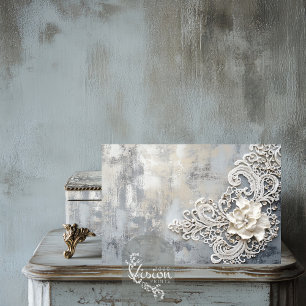 Papier Mousseline Effet de dentelle blanc cassé, fond à patine argen