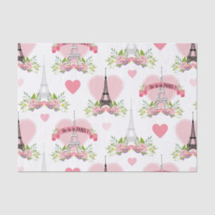 Papier Mousseline Eiffel Tower Flowers Pink Hearts Paris French