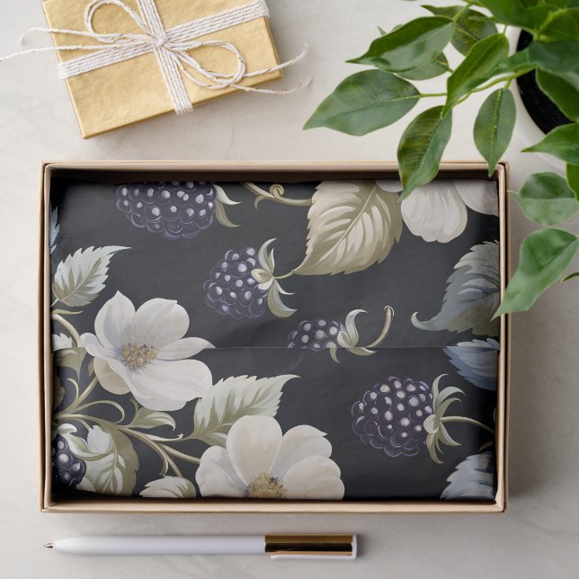 Papier Mousseline Élégance Royale Mûre et Fleurs (Cadeau)