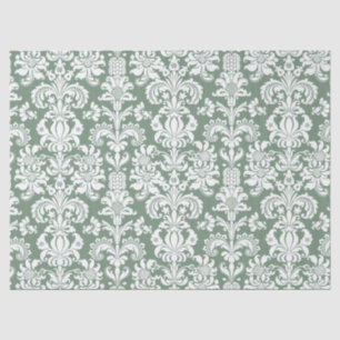 Papier Mousseline Elégant blanc de Damas Floral sur le vert Sage