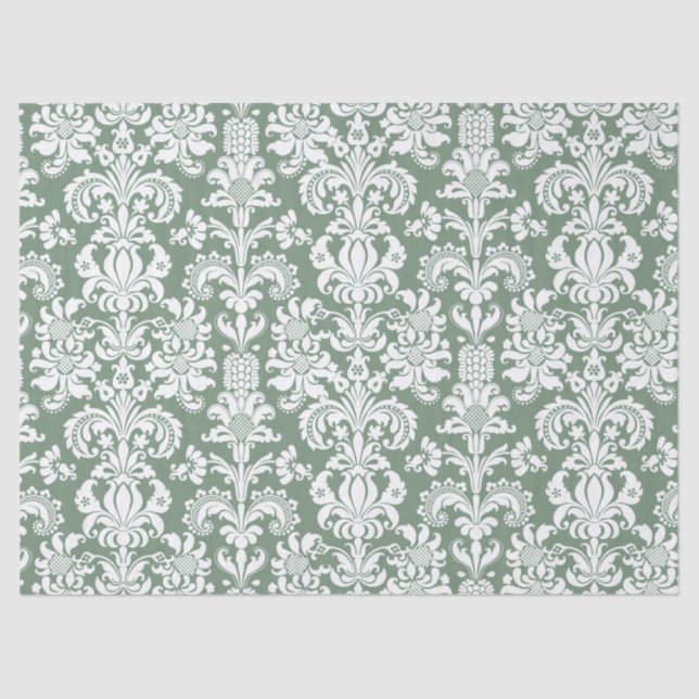 Papier Mousseline Elégant blanc de Damas Floral sur le vert Sage (Recto)
