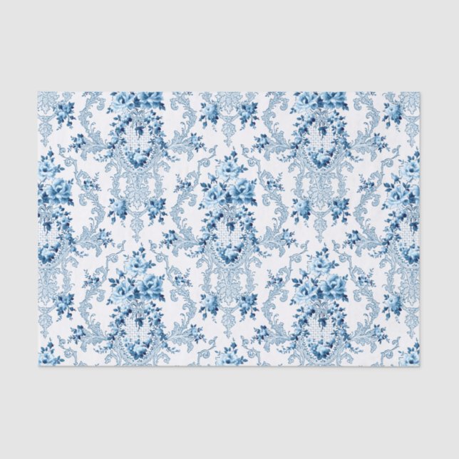 Papier Mousseline Elégant bleu et blanc Rococo Floral (Recto)