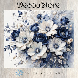 Papier Mousseline Elegant Blossoms in Blue & White Decoupage