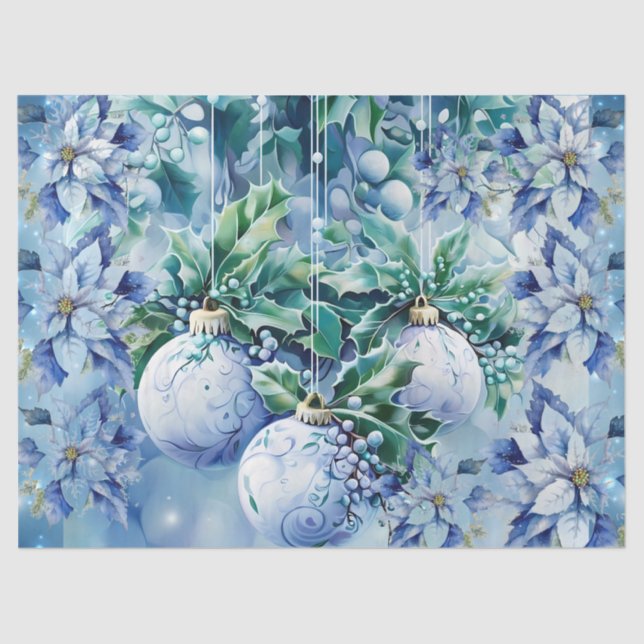 Papier Mousseline Elegant Blue Christmas Floral Balls Decoupage (Recto)