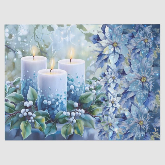 Papier Mousseline Elegant Blue Christmas Floral Candles Decoupage (Recto)