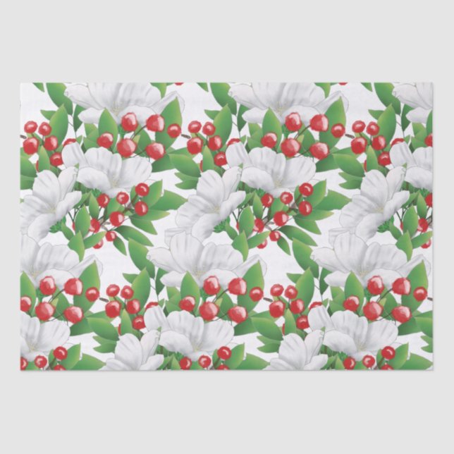 Papier Mousseline Elégant bouquet d'hiver blanc rouge vert floral (Recto)