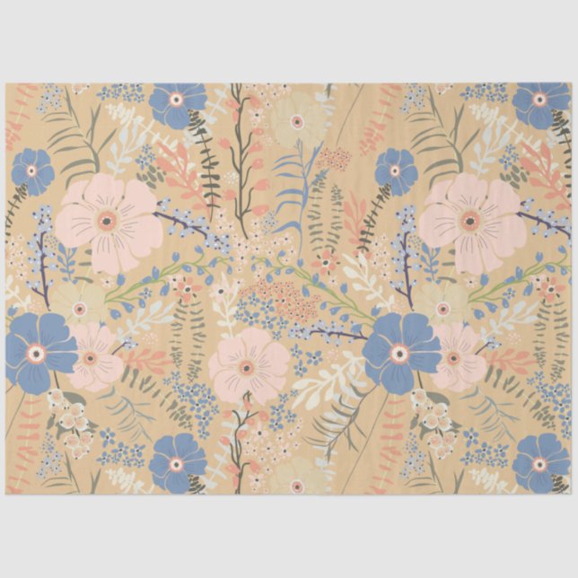 Papier Mousseline Élégant Caramel bleu rose motif floral (Recto)