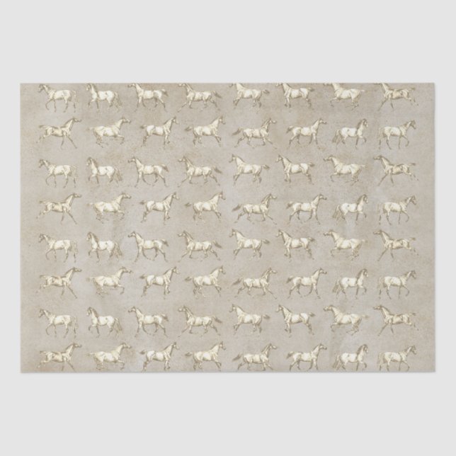 Papier Mousseline Élégant Chevaux Vintages Galloping Beige Kraft (Recto)