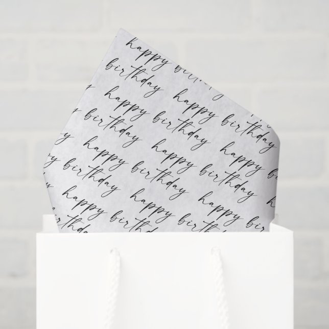 Papier Mousseline Elegant Chic Black and White Script Happy Birthday (Sac cadeau)